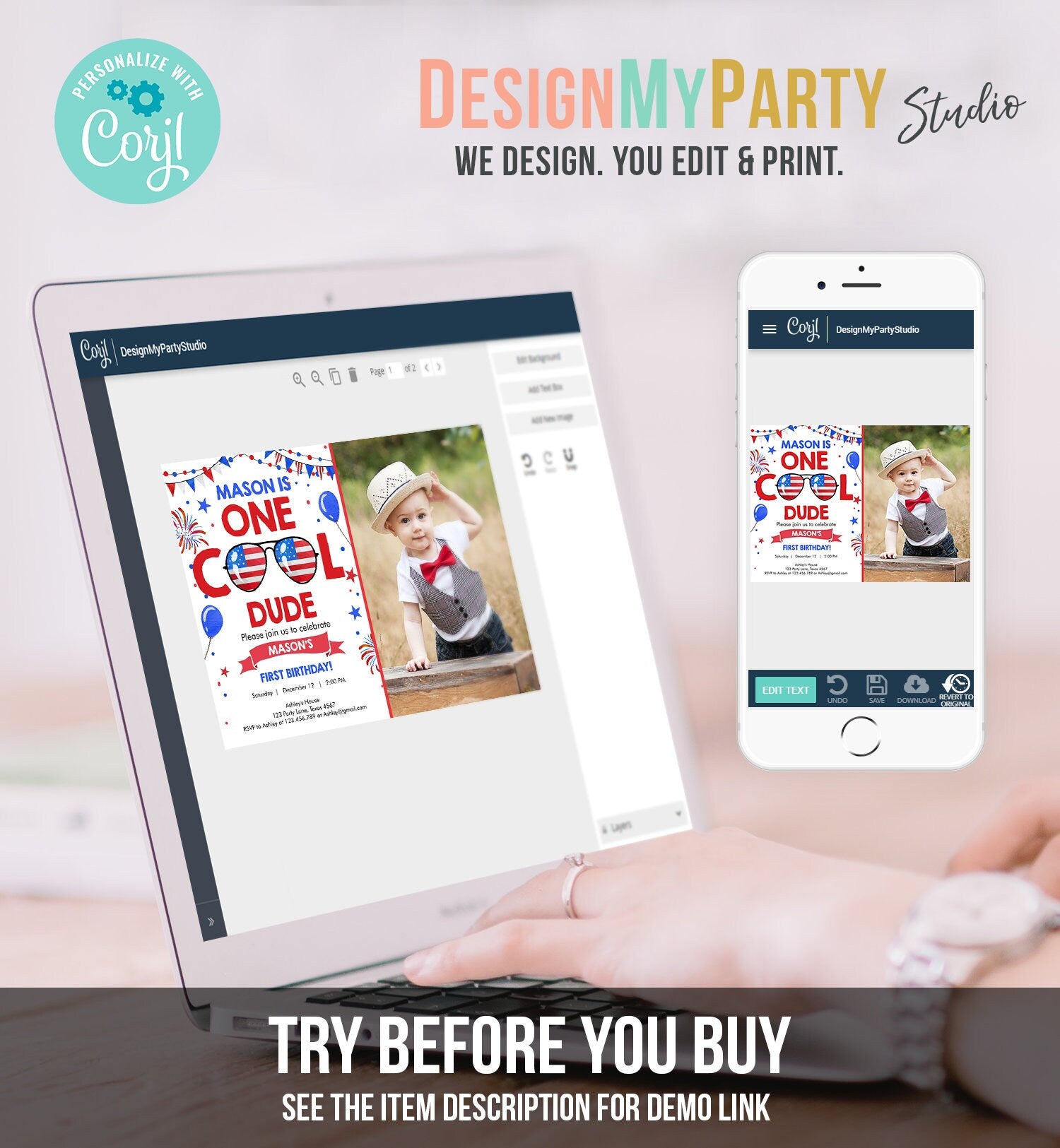 Editable Memorial Day Birthday Invitation 4th of July Little Firecracker Red White Blue One Cool Dude Sunglasses Template Corjl Digital 0122