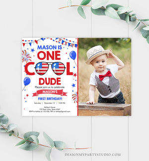 Editable Memorial Day Birthday Invitation 4th of July Little Firecracker Red White Blue One Cool Dude Sunglasses Template Corjl Digital 0122