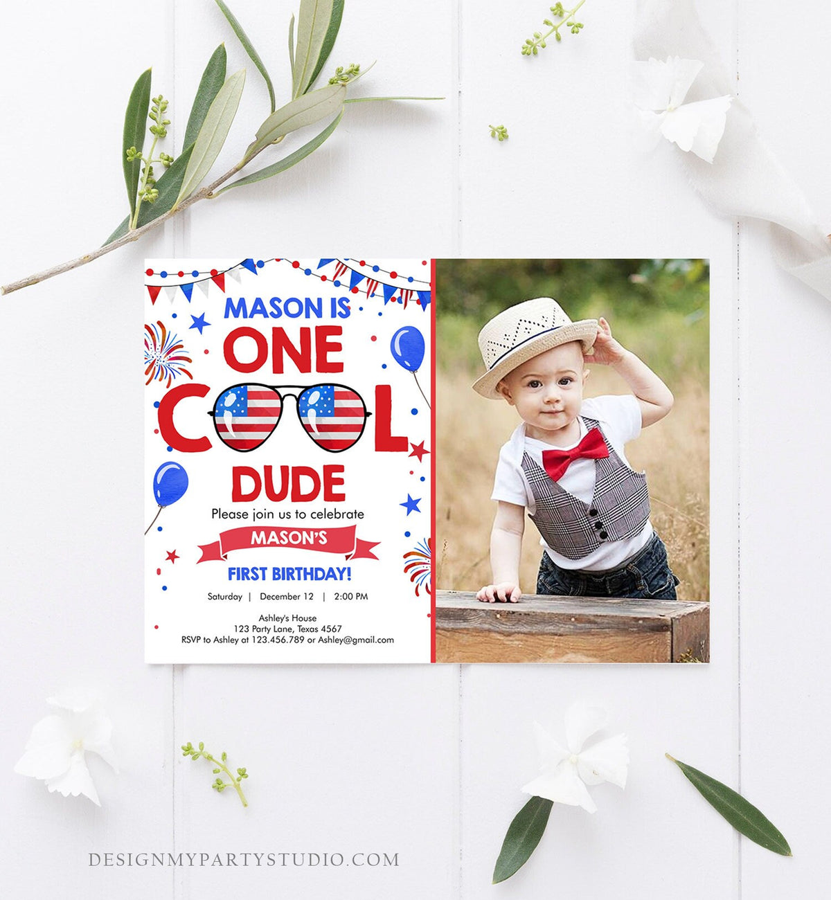 Editable Memorial Day Birthday Invitation 4th of July Little Firecracker Red White Blue One Cool Dude Sunglasses Template Corjl Digital 0122