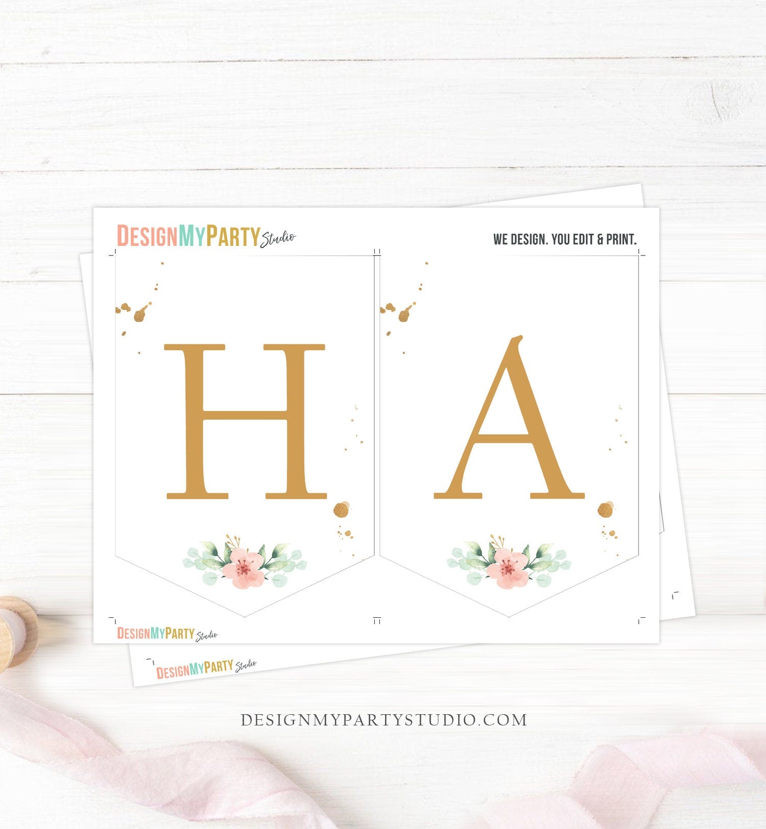 Sweet as a Peach Happy Birthday Banner Peach Birthday Girl Pink Gold Floral Peach Party Decor Instant download PRINTABLE DIGITAL DIY 0401