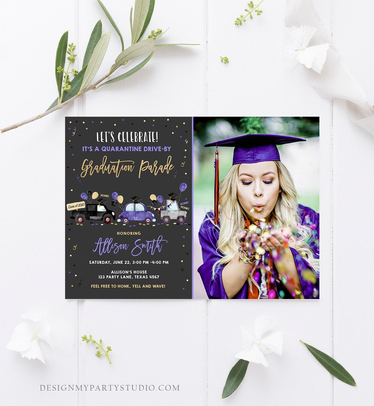Editable Drive By Graduation Parade Invitation Virtual Party Blue Girl Graduate High School Grad Class 2021 Quarantine Digital Corjl 0337