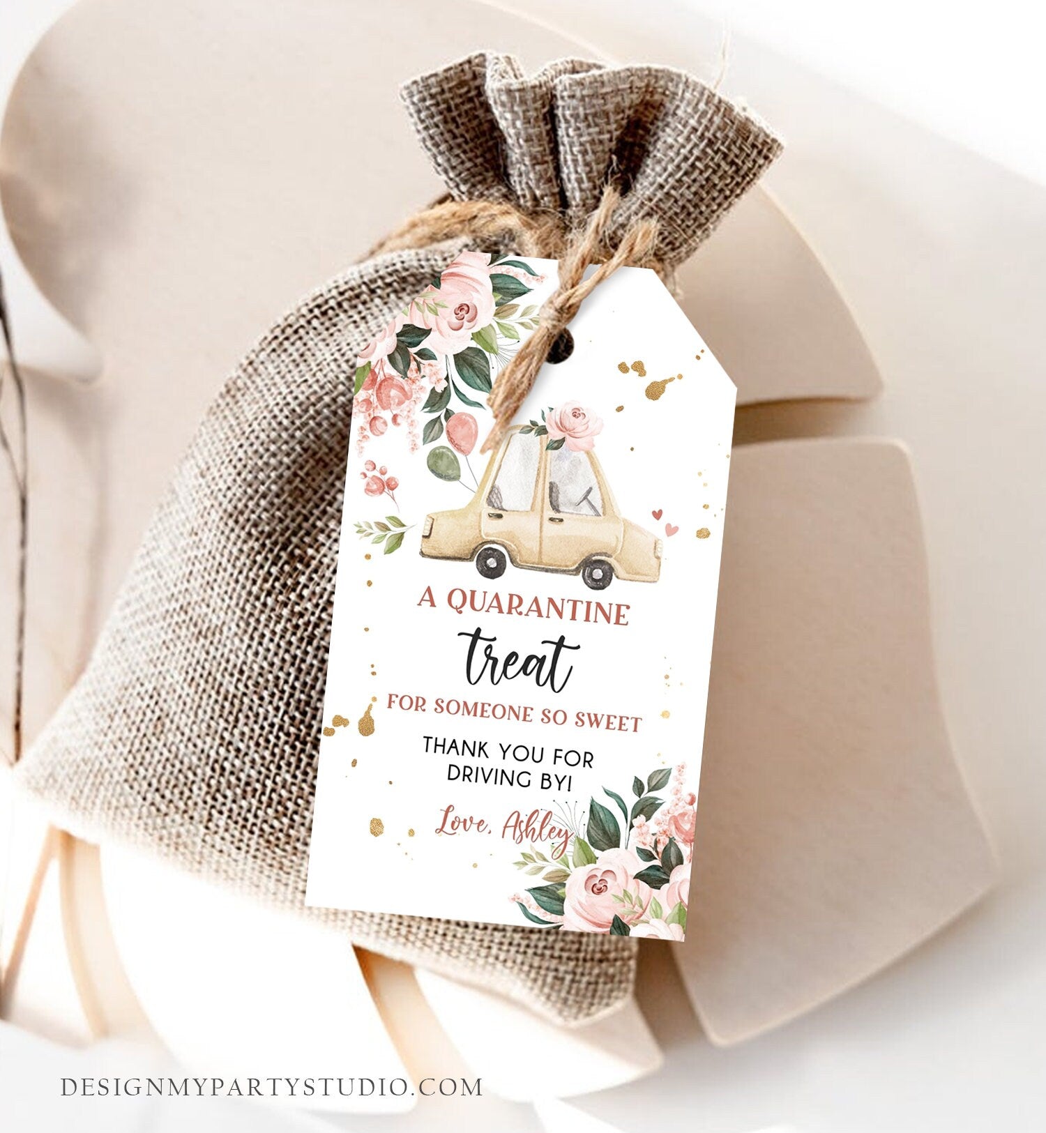 Editable Drive By Favor Tag Drive Through Baby Shower Bridal Shower Birthday Thank You Gift Tags Quarantine Neutral Floral Girl Corjl 0335