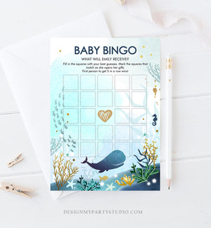 Editable Baby Bingo Game Whale Nautical Baby Shower Game Ocean Coral Under the Sea Sprinkle Boy Blue Games Corjl Template Printable 0118