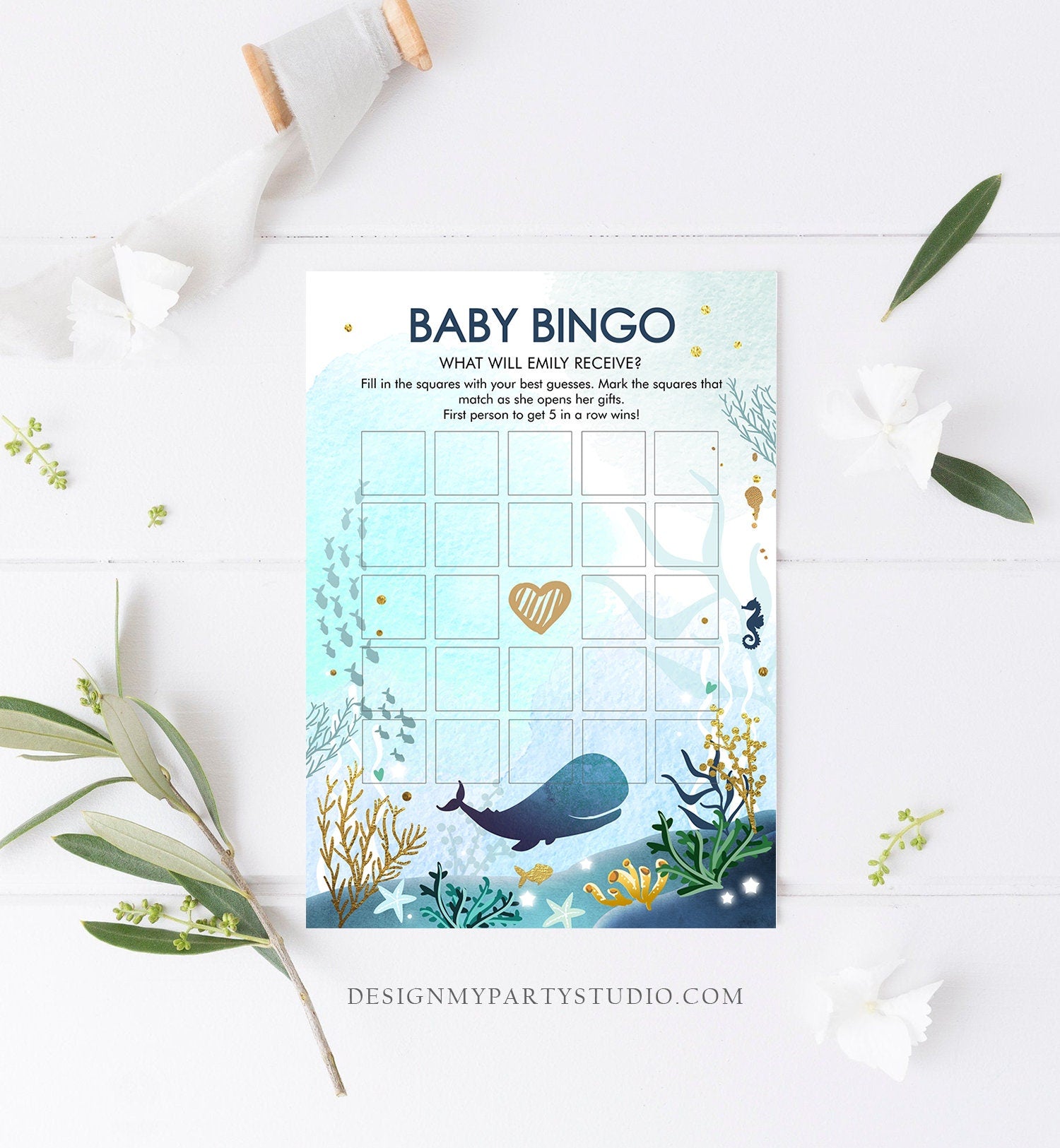 Editable Baby Bingo Game Whale Nautical Baby Shower Game Ocean Coral Under the Sea Sprinkle Boy Blue Games Corjl Template Printable 0118