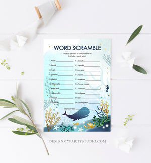 Editable Word Scramble Game Whale Nautical Baby Shower Search Game Ocean Coral Under the Sea Boy Blue Games Corjl Template Printable 0118