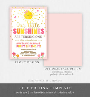 Editable Birthday Invitation Twins Little Sunshines Girls Siblings Pink Gold Girl Summer Download Printable Invitation Template Corjl 0070