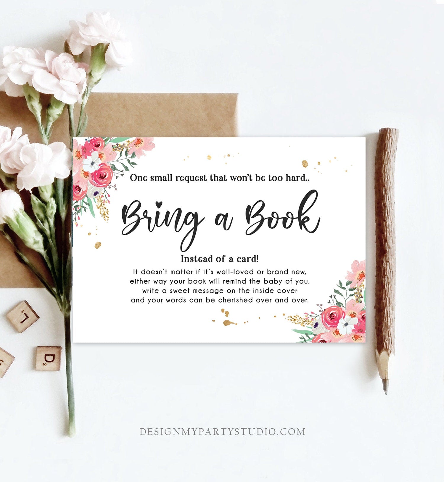 Editable Floral Bring a Book Card Baby Shower Pink Flowers Girl Pink and Gold Book Request Baby Book Insert Ticket Corjl Template 0335