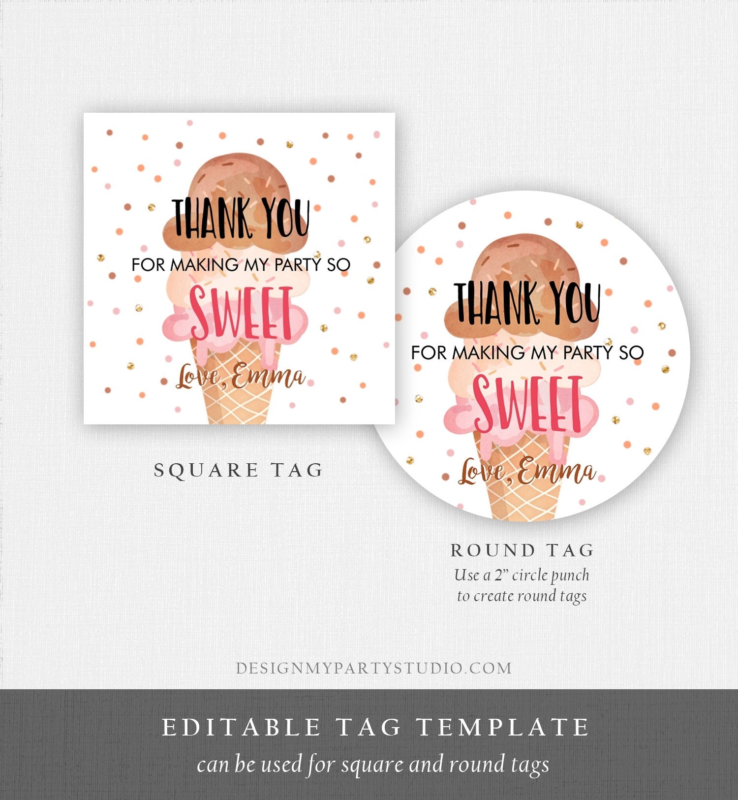 Editable Ice Cream Thank you Tags Round Ice Cream Stickers Ice Cream Birthday Girl Pink Boho Ice Cream Social Favor Tags Template Corjl 0243