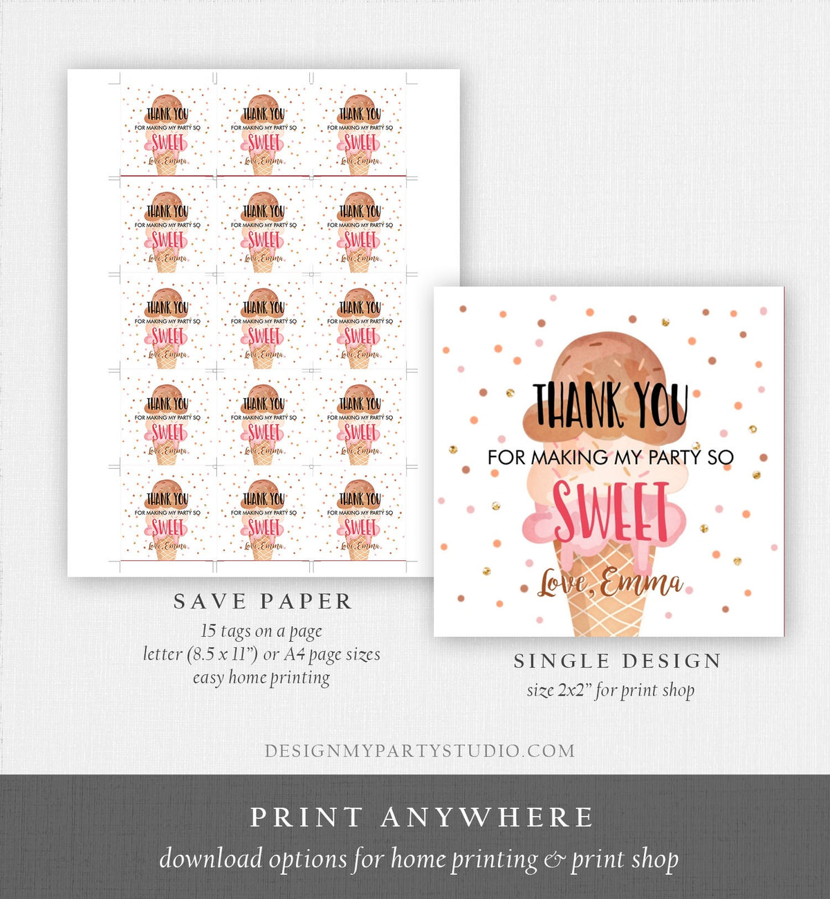 Editable Ice Cream Thank you Tags Round Ice Cream Stickers Ice Cream Birthday Girl Pink Boho Ice Cream Social Favor Tags Template Corjl 0243