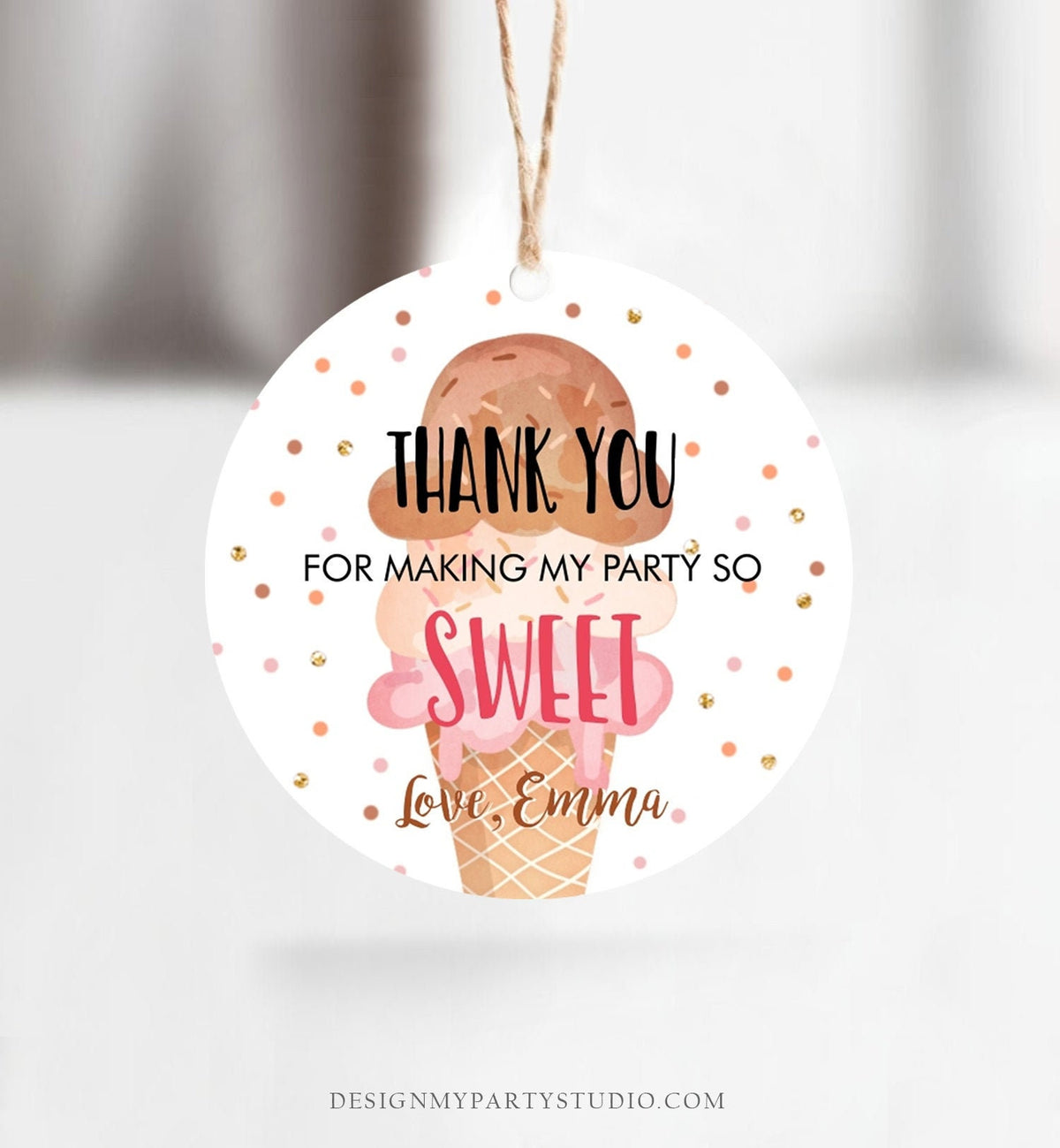 Editable Ice Cream Thank you Tags Round Ice Cream Stickers Ice Cream Birthday Girl Pink Boho Ice Cream Social Favor Tags Template Corjl 0243
