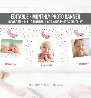 Editable Watermelon Monthly Photo Banner Birthday Girl Pink One in a Melon Party Fruit First Birthday 1st Corjl Template Printable 0120 0326