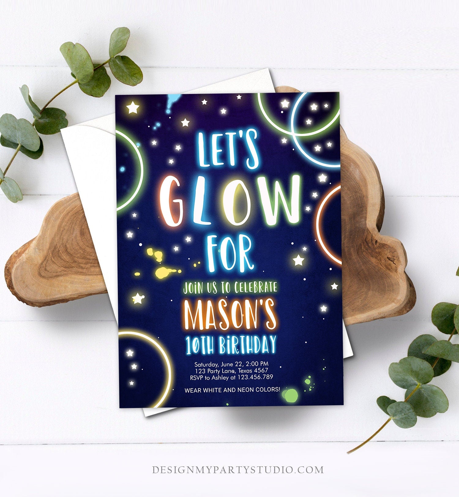 20 Inviti Per Festa Neon Glow 'Let's Play' - Formato 10,2x15,2 Cm Con Buste