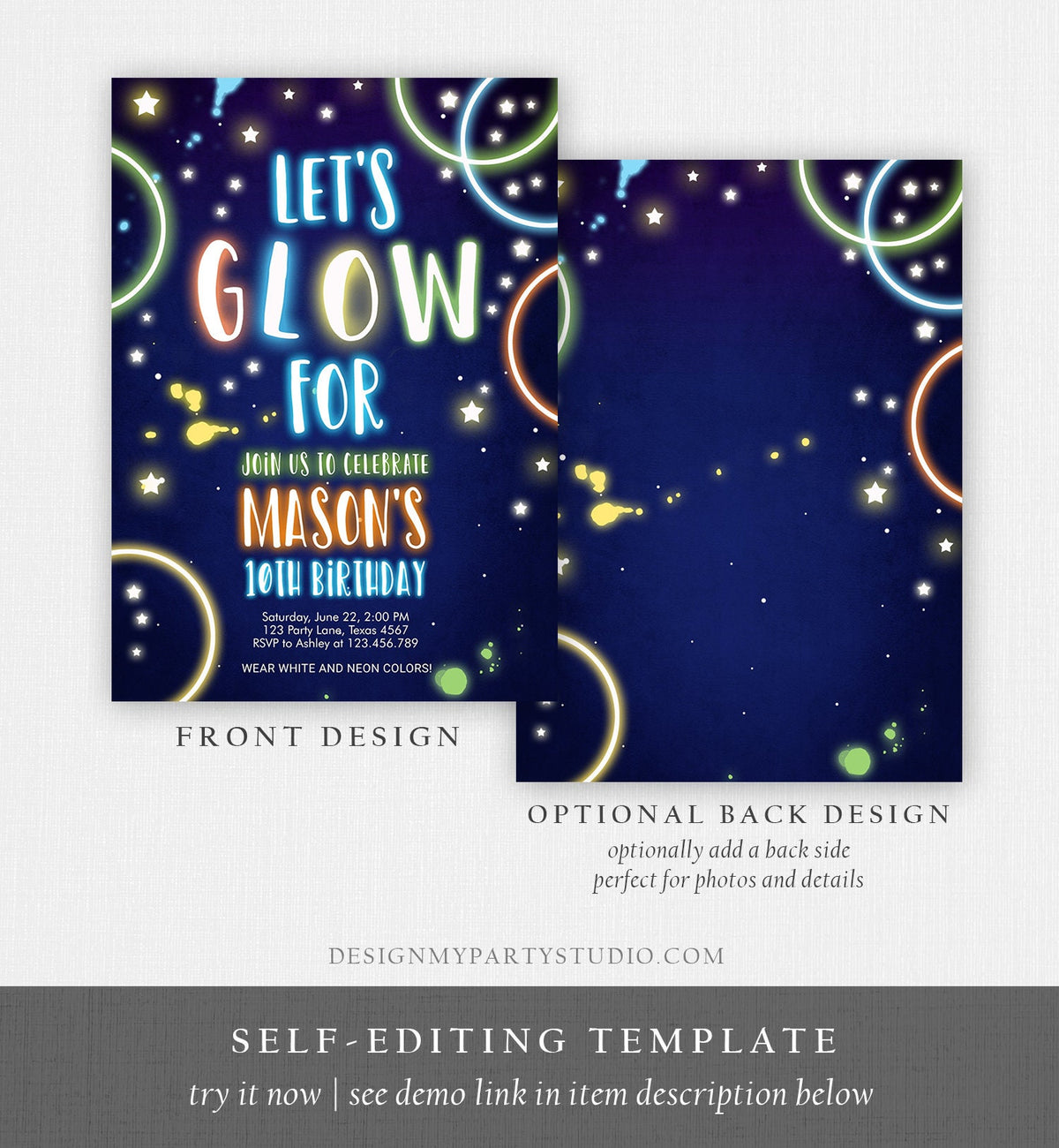 Editable Let&#39;s Glow Birthday Invitation Glow Crazy Party Neon Glow In The Dark Party Boy Teen Blue Download Printable Template Corjl 0172