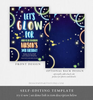Editable Let's Glow Birthday Invitation Glow Crazy Party Neon Glow In The Dark Party Boy Teen Blue Download Printable Template Corjl 0172