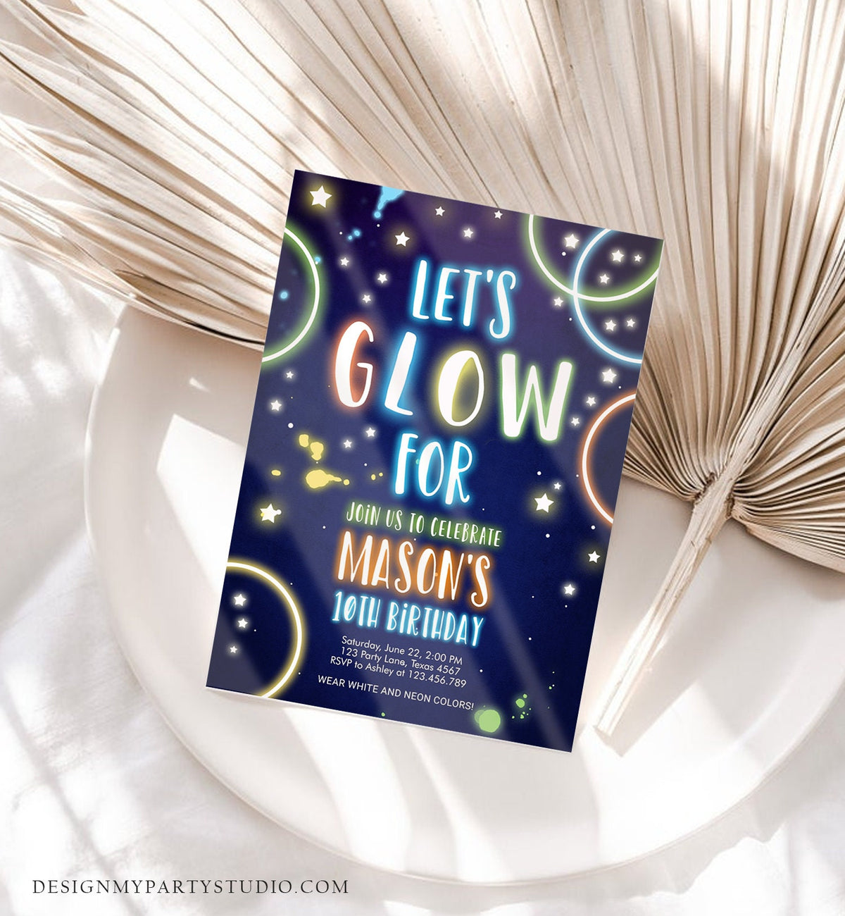 Editable Let&#39;s Glow Birthday Invitation Glow Crazy Party Neon Glow In The Dark Party Boy Teen Blue Download Printable Template Corjl 0172