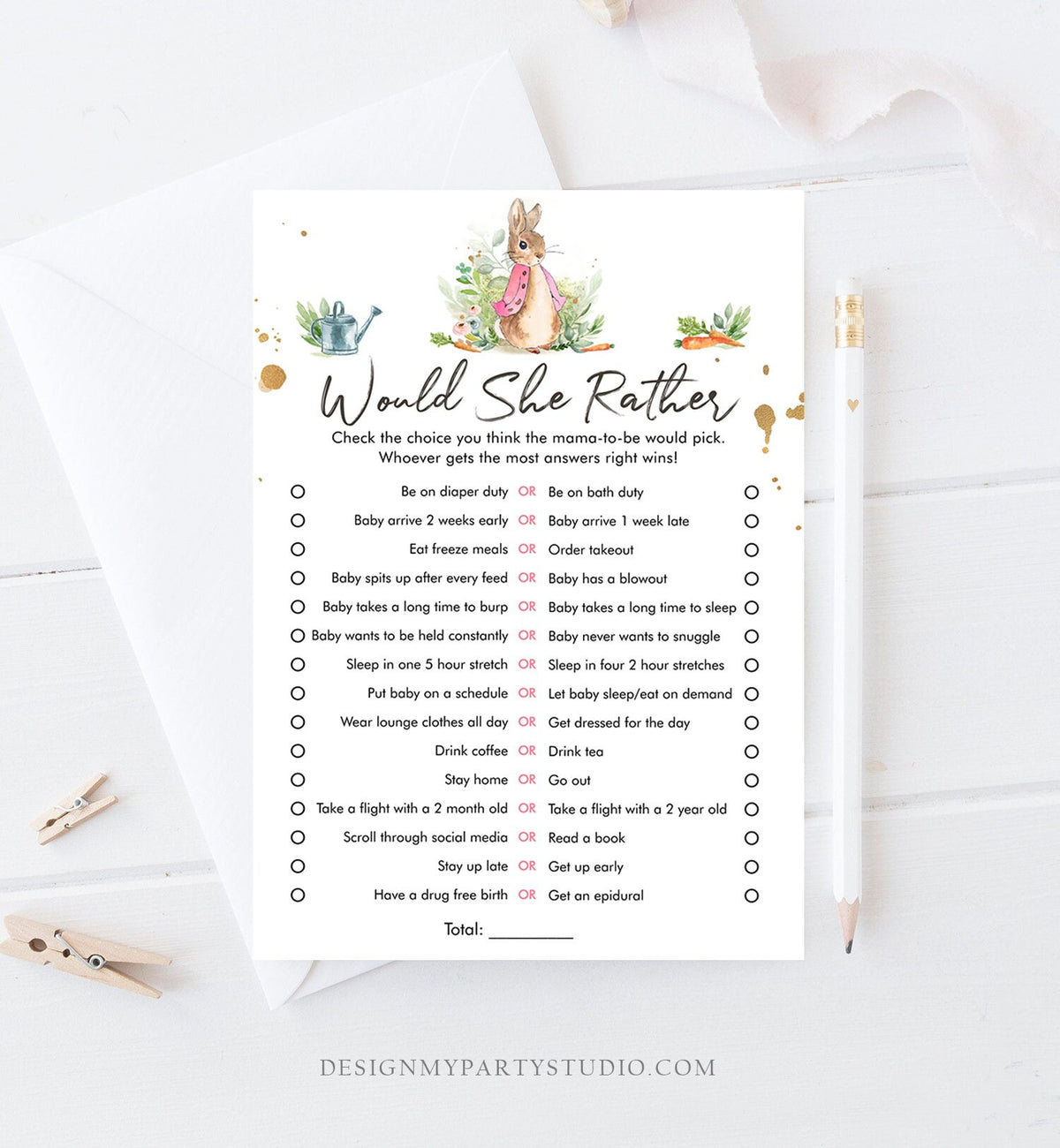 Editable Would She Rather Baby Shower Game Greenery Flopsy Bunny Baby Shower Peter Rabbit Watercolor Guess Corjl Template Printable 0351