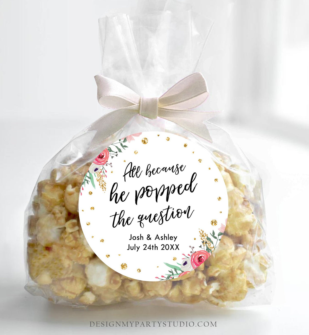 Editable Popped the Question Favor Tag Pink Floral All Because He Popped Bridal Shower Wedding Thank You Tags Gold Template Corjl 0030 0318