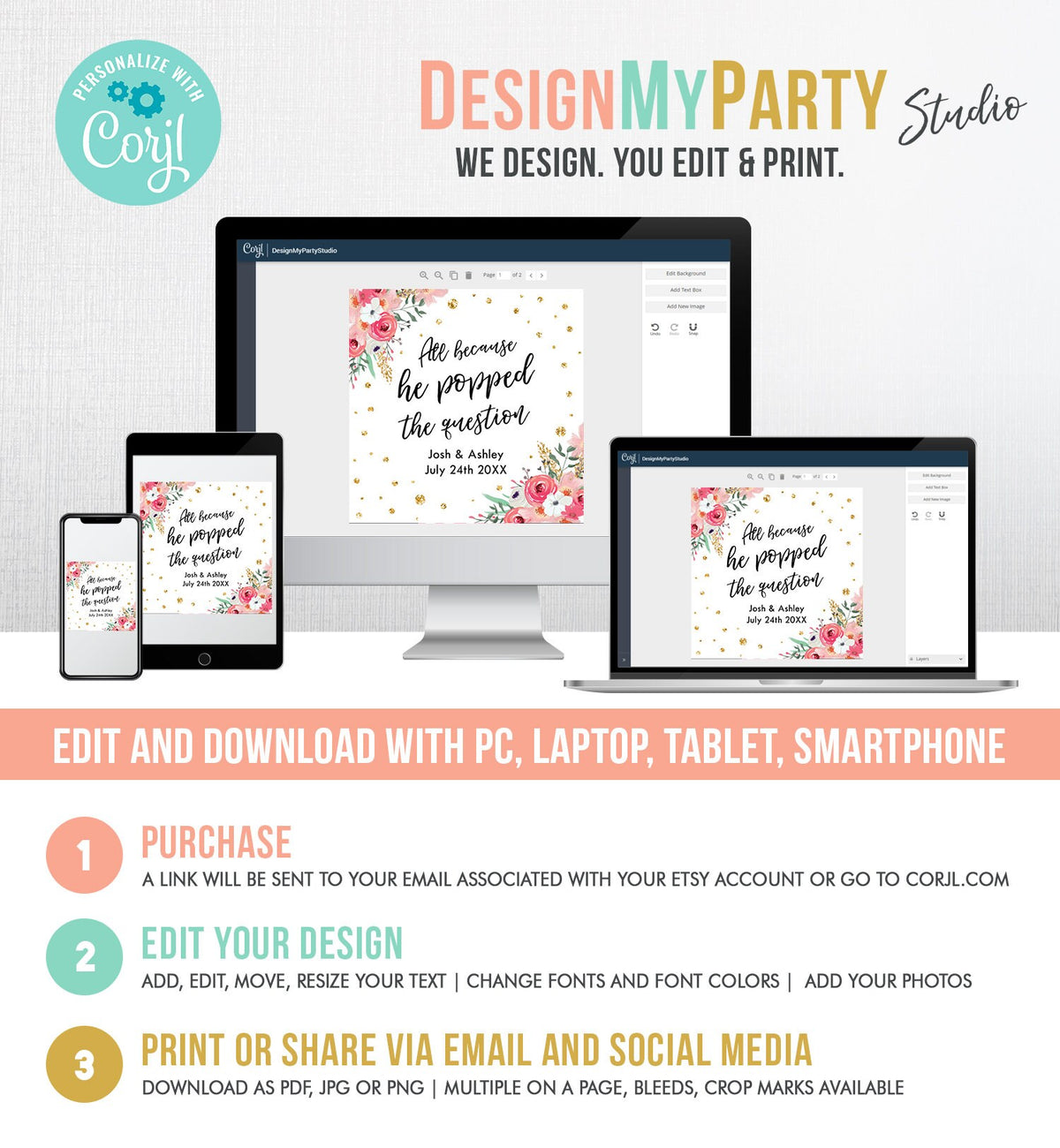 Editable Popped the Question Favor Tag Pink Floral All Because He Popped Bridal Shower Wedding Thank You Tags Gold Template Corjl 0030 0318