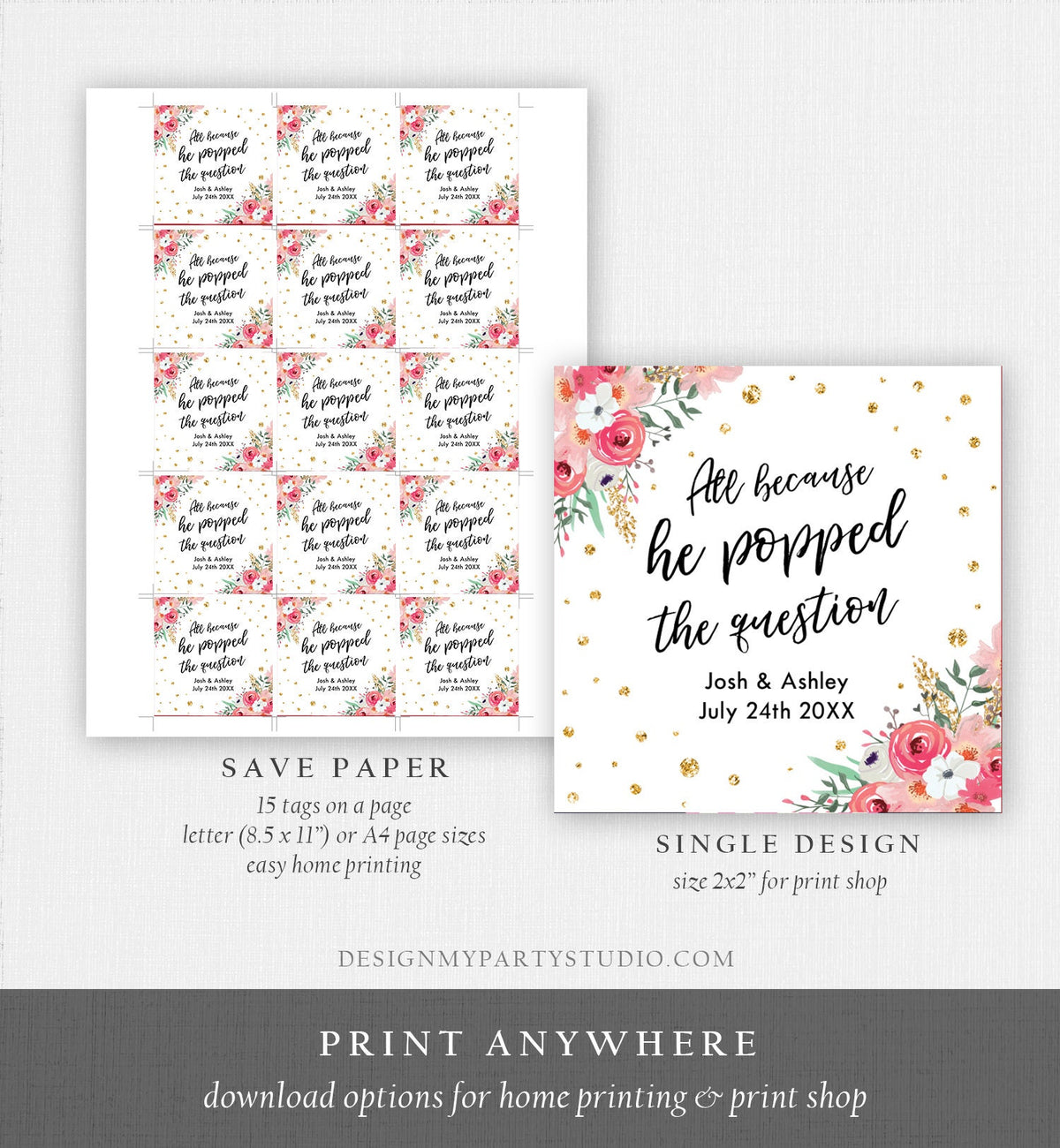 Editable Popped the Question Favor Tag Pink Floral All Because He Popped Bridal Shower Wedding Thank You Tags Gold Template Corjl 0030 0318