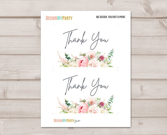 Botanical Flowers Thank You Card Floral Thank You Note 4x6" Wedding Bridal Shower Pink Peony Flat Card Instant Download Printable 0167