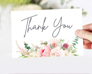 Botanical Flowers Thank You Card Floral Thank You Note 4x6" Wedding Bridal Shower Pink Peony Flat Card Instant Download Printable 0167