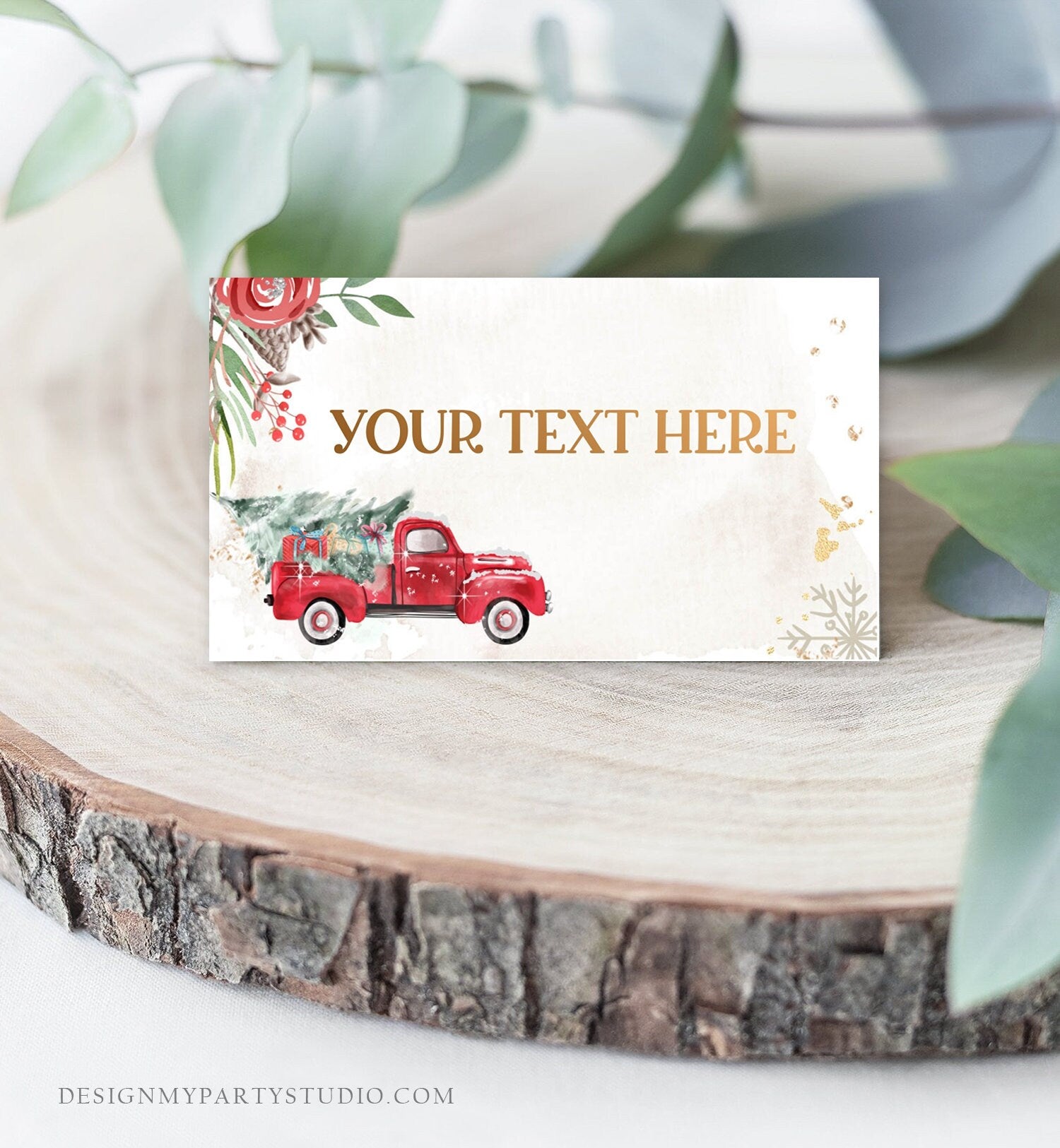 Editable Winter Truck Food Labels Place Card Tent Card Escort Card Holiday Party Christmas Red Truck Digital Download Corjl Template 0356