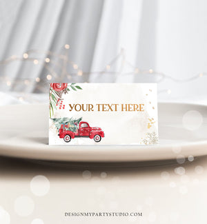 Editable Winter Truck Food Labels Place Card Tent Card Escort Card Holiday Party Christmas Red Truck Digital Download Corjl Template 0356
