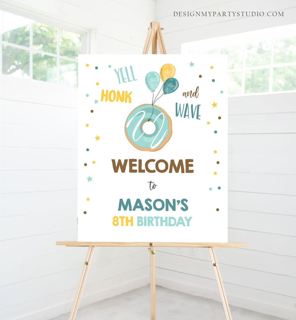 Editable Drive By Birthday Sign Donut Welcome Boy Party Poster Welcome Birthday Shower Parade Sign Blue Template PRINTABLE Corjl 0343