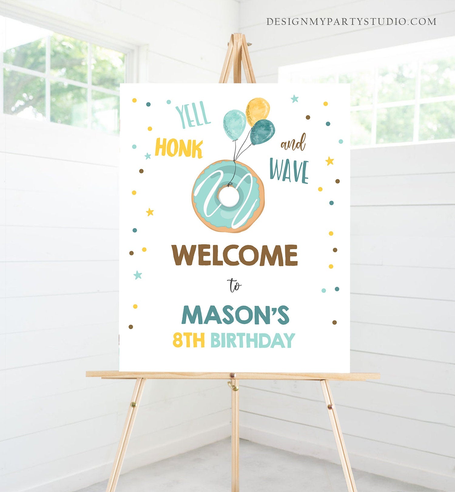 Editable Drive By Birthday Sign Donut Welcome Boy Party Poster Welcome Birthday Shower Parade Sign Blue Template PRINTABLE Corjl 0343
