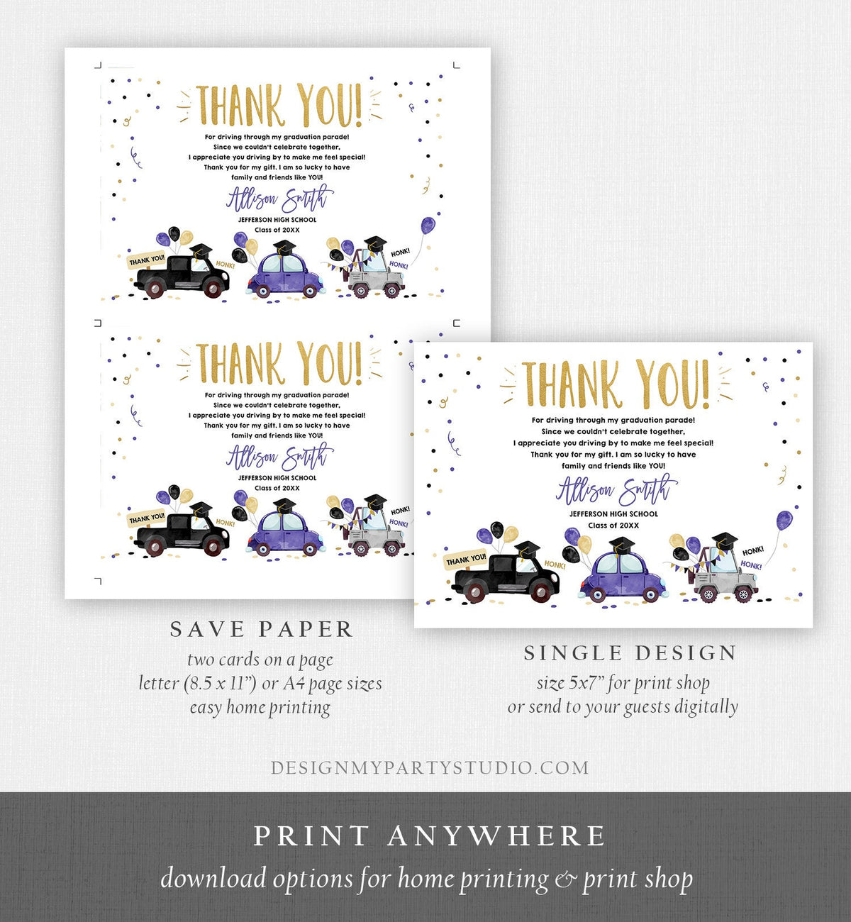 Editable Drive By Graduation Parade Thank You Card Drive Through Party Invite Honk Wave Car Purple Instant Download Digital Corjl 0337