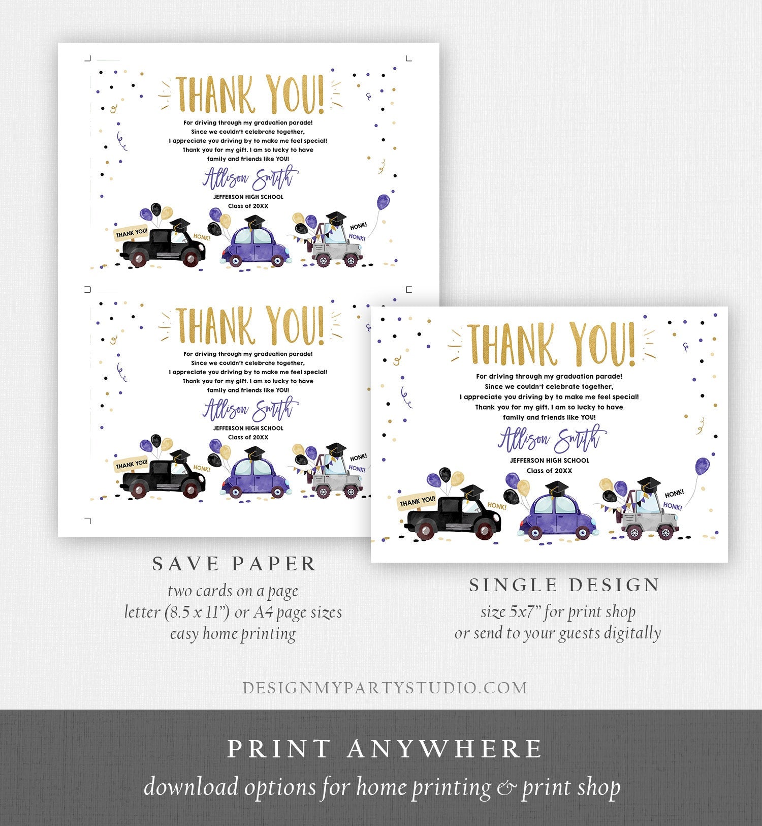 Editable Drive By Graduation Parade Thank You Card Drive Through Party Invite Honk Wave Car Purple Instant Download Digital Corjl 0337