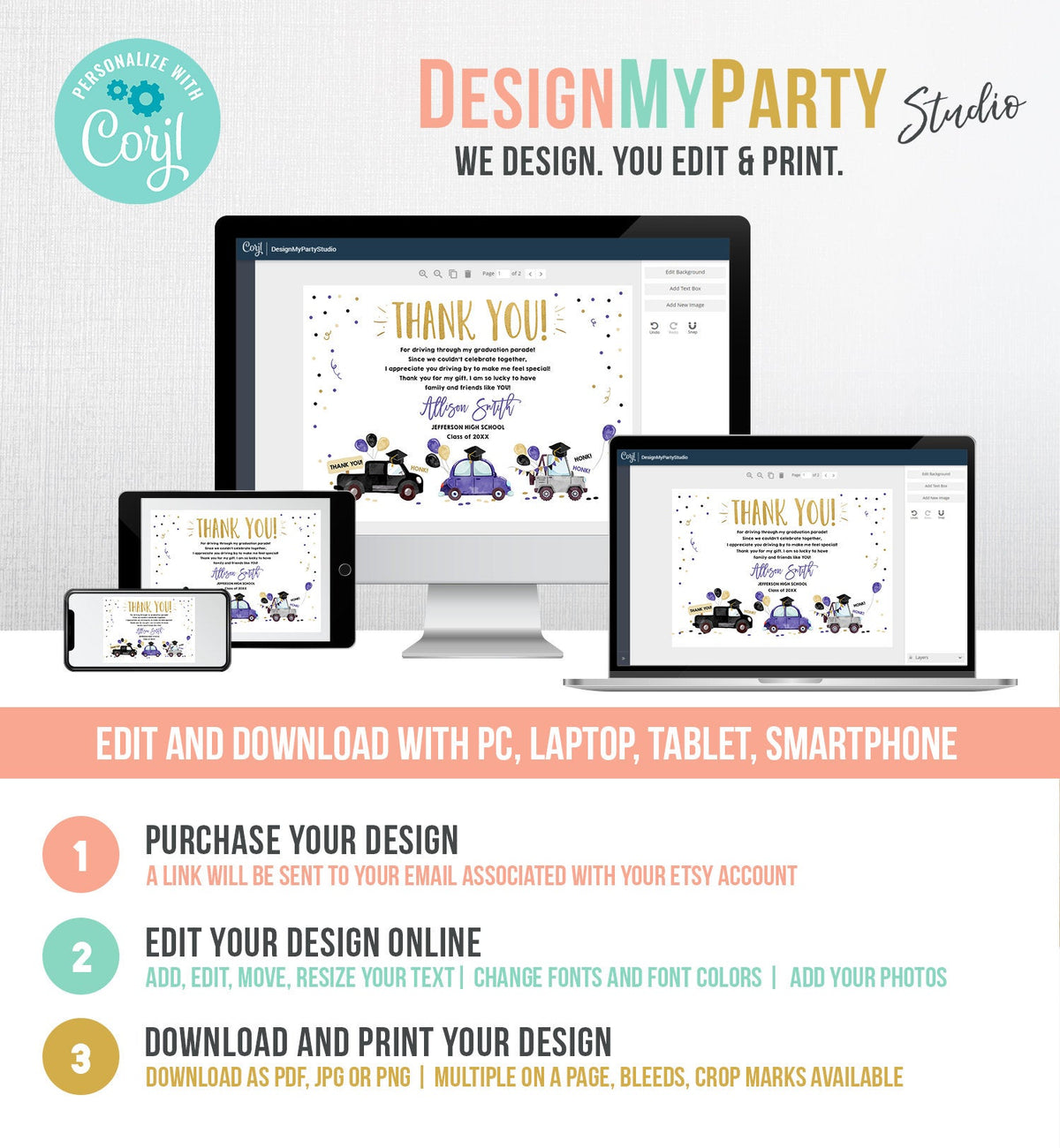 Editable Drive By Graduation Parade Thank You Card Drive Through Party Invite Honk Wave Car Purple Instant Download Digital Corjl 0337