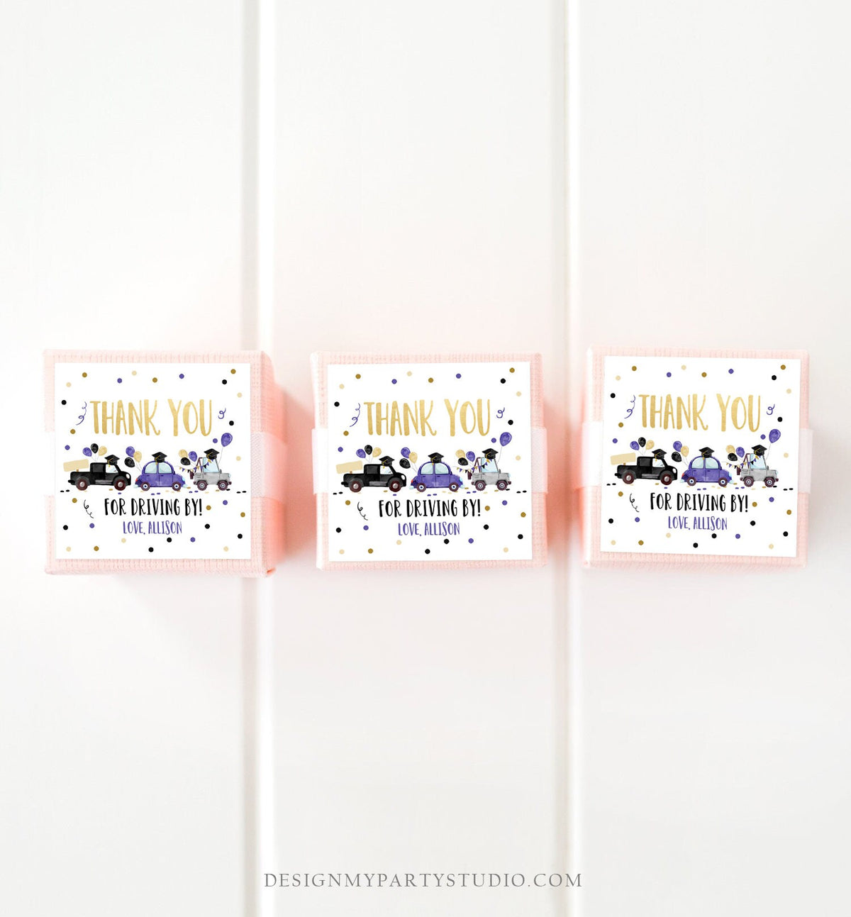 Editable Drive By Favor Tag Drive Through Graduation Parade Thank You Gift Tags Quarantine Blue Purple High School Grad Graduate Corjl 0337