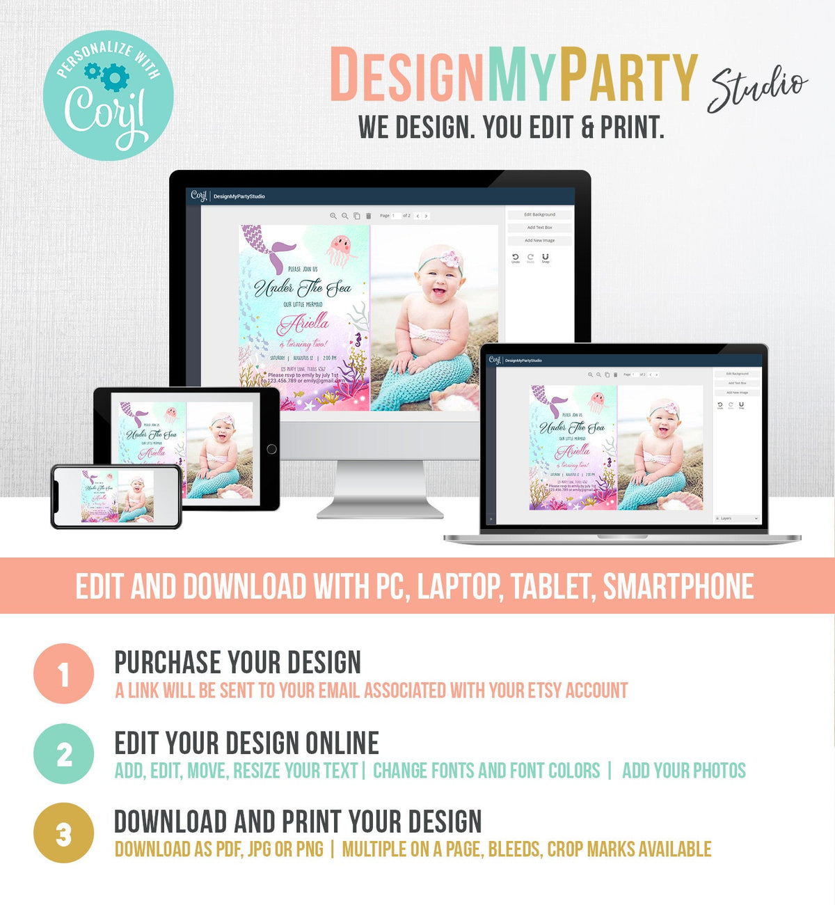 Editable Mermaid Birthday Invitation Under The Sea Birthday Girl Pink Purple Gold Mermaid Tail Download Printable Template Corjl 0076