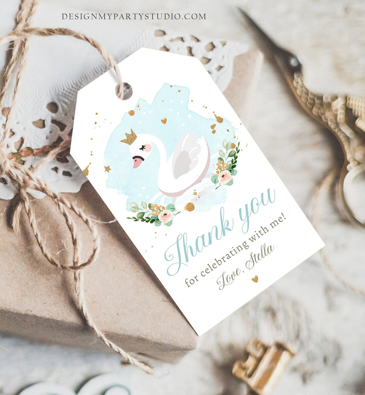 Editable Floral Swan Birthday Favor Tags Thank You Tags Boy Blue Swan Baby Shower Swan Tag Label Gift Tag Decor Digital Corjl Template 0382