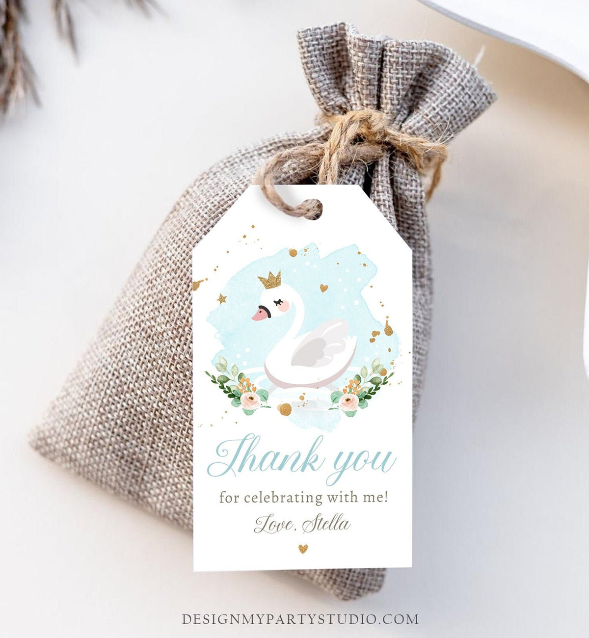Editable Floral Swan Birthday Favor Tags Thank You Tags Boy Blue Swan Baby Shower Swan Tag Label Gift Tag Decor Digital Corjl Template 0382