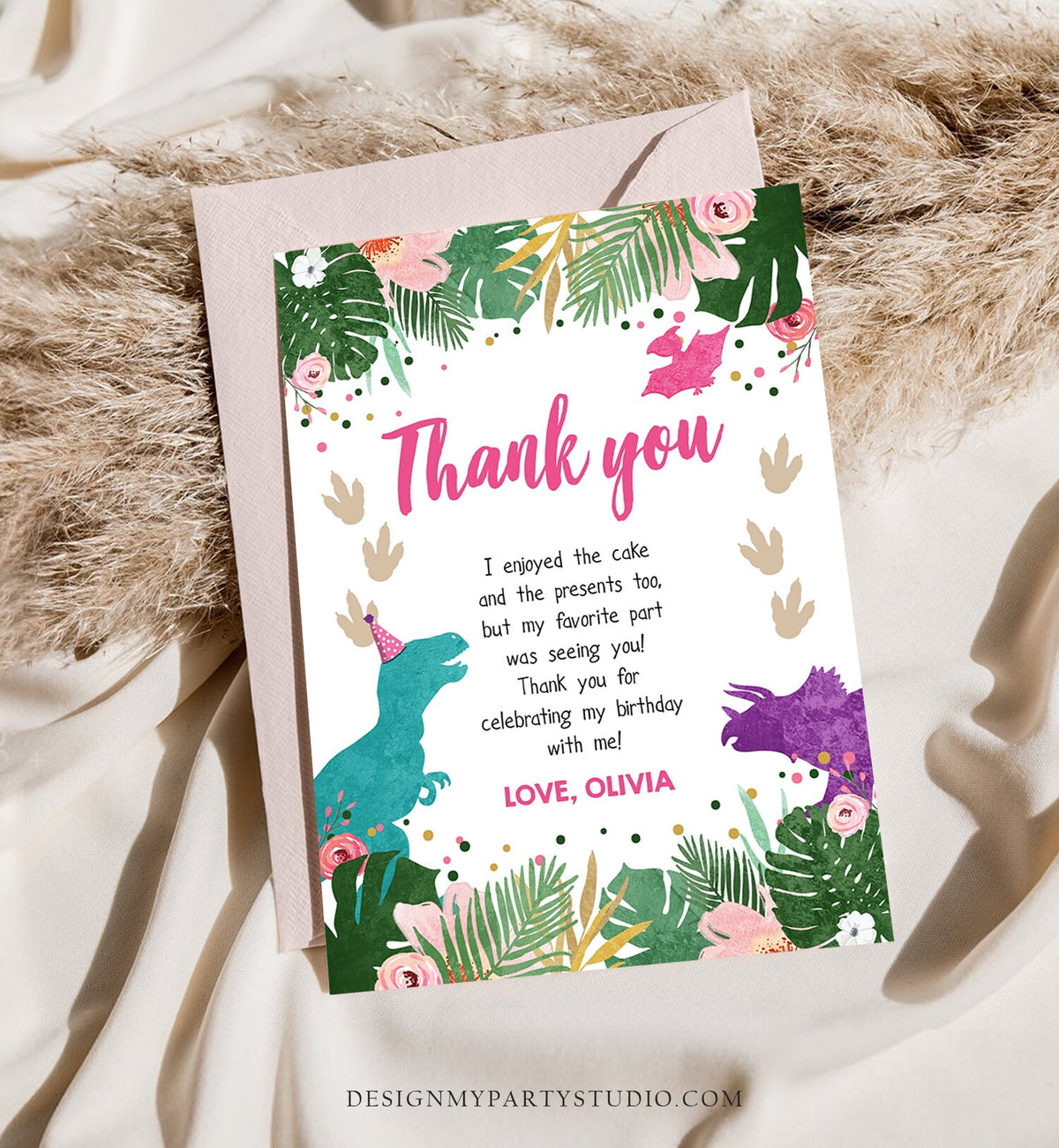 Editable Dinosaur Thank You Card Birthday Note Pink Gold Girl Dino Party T-Rex Photo Instant Download Printable Corjl Template Digital 0388
