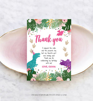 Editable Dinosaur Thank You Card Birthday Note Pink Gold Girl Dino Party T-Rex Photo Instant Download Printable Corjl Template Digital 0388