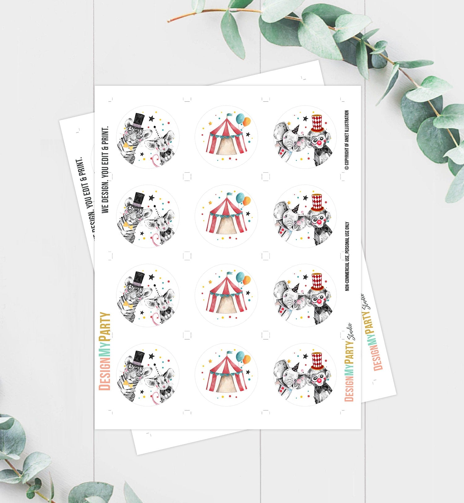 Circus Cupcake Toppers Favor Tags Circus Birthday Party Decor Carnival Circus Animals Big Top Carousel Download Digital PRINTABLE 0355