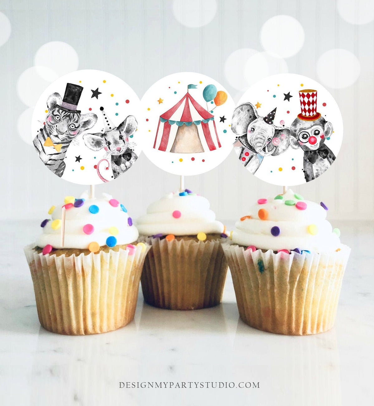 Circus Cupcake Toppers Favor Tags Circus Birthday Party Decor Carnival Circus Animals Big Top Carousel Download Digital PRINTABLE 0355