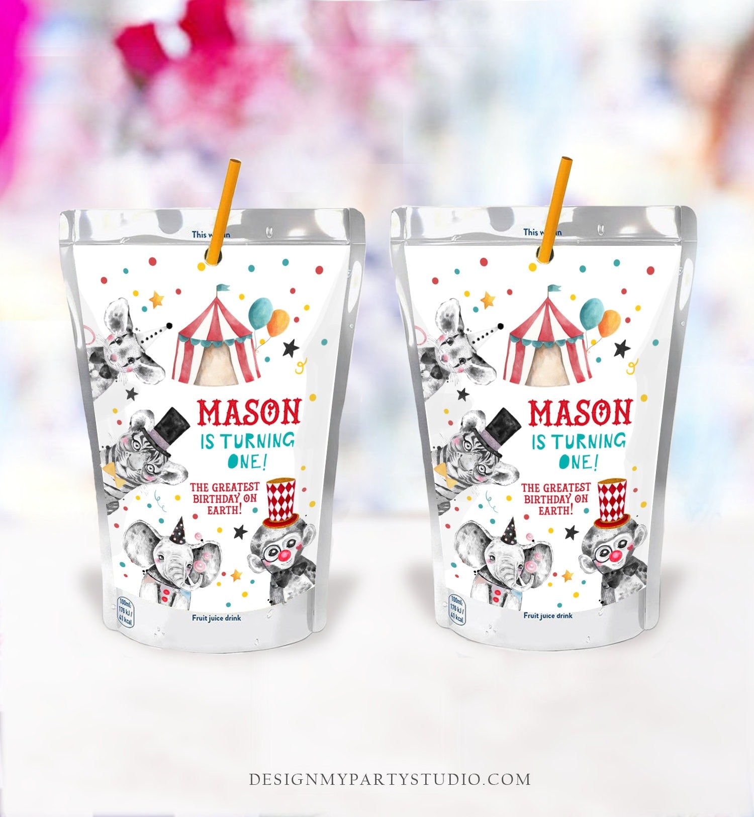 Editable Circus Capri Sun Labels Juice Pouch Labels Carnival Birthday Big Top Boy Birthday Decor Come Download Corjl Template Printable 0355