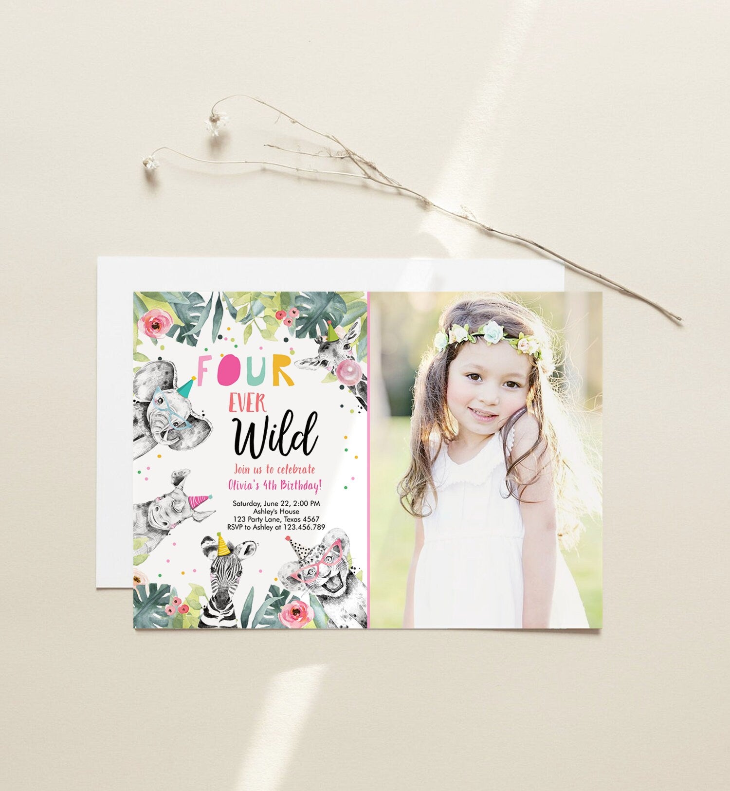 Editable Four Ever Wild Invitation Girl Pink and Gold Safari Animals Zoo Instant 4th Fourever Download Printable Template Digital Corjl 0322