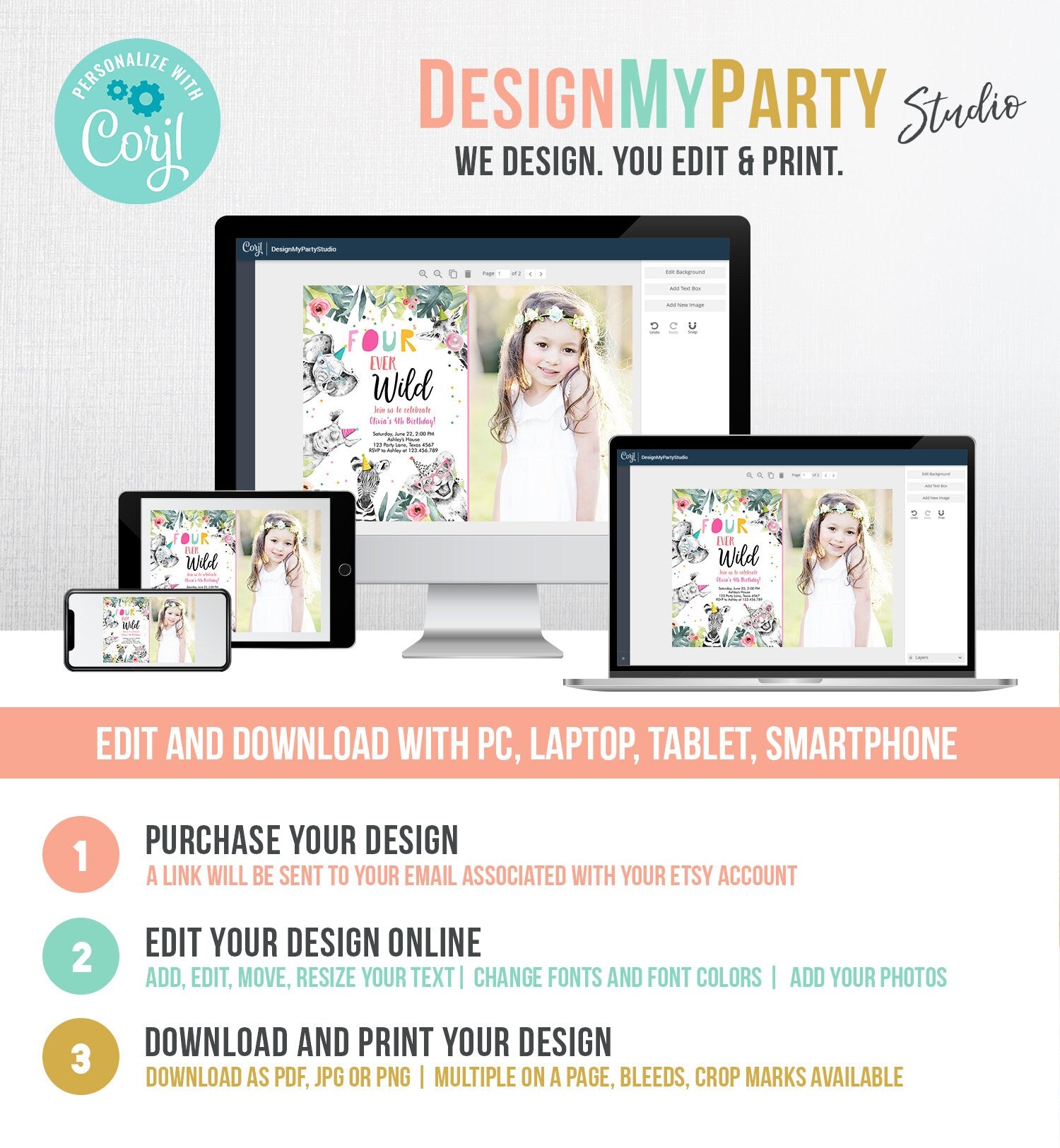 Editable Four Ever Wild Invitation Girl Pink and Gold Safari Animals Zoo Instant 4th Fourever Download Printable Template Digital Corjl 0322