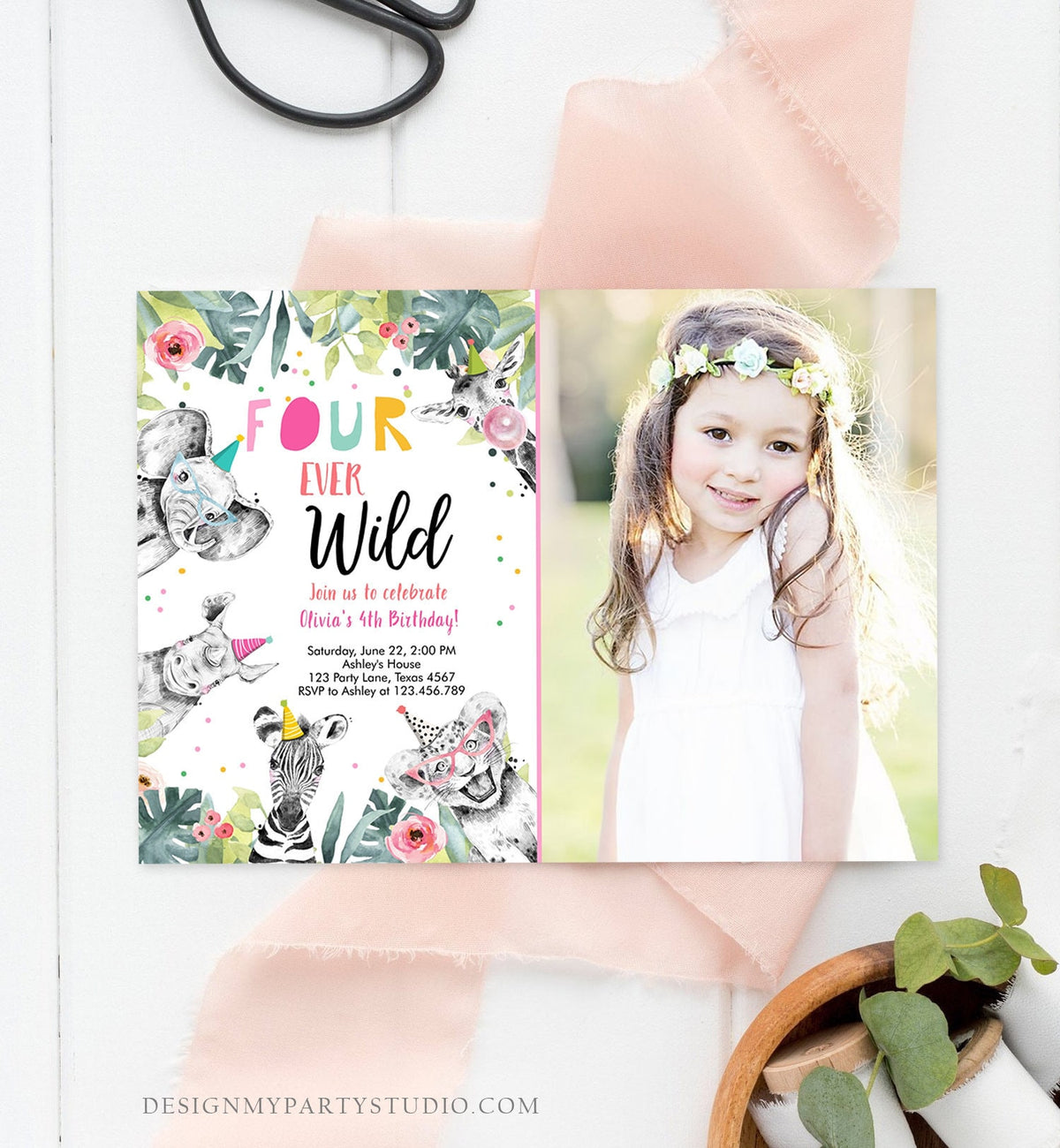 Editable Four Ever Wild Invitation Girl Pink and Gold Safari Animals Zoo Instant 4th Fourever Download Printable Template Digital Corjl 0322