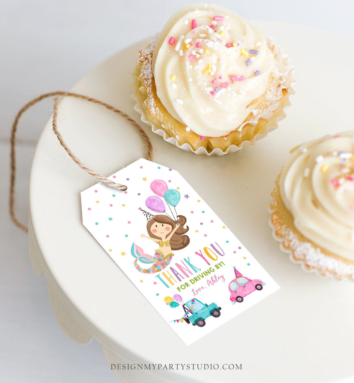 Editable Mermaid Favor Tag Drive By Birthday Favors Party Parade Under the Sea Thank You Gift Tags Pink Girl Corjl Template Printable 0338