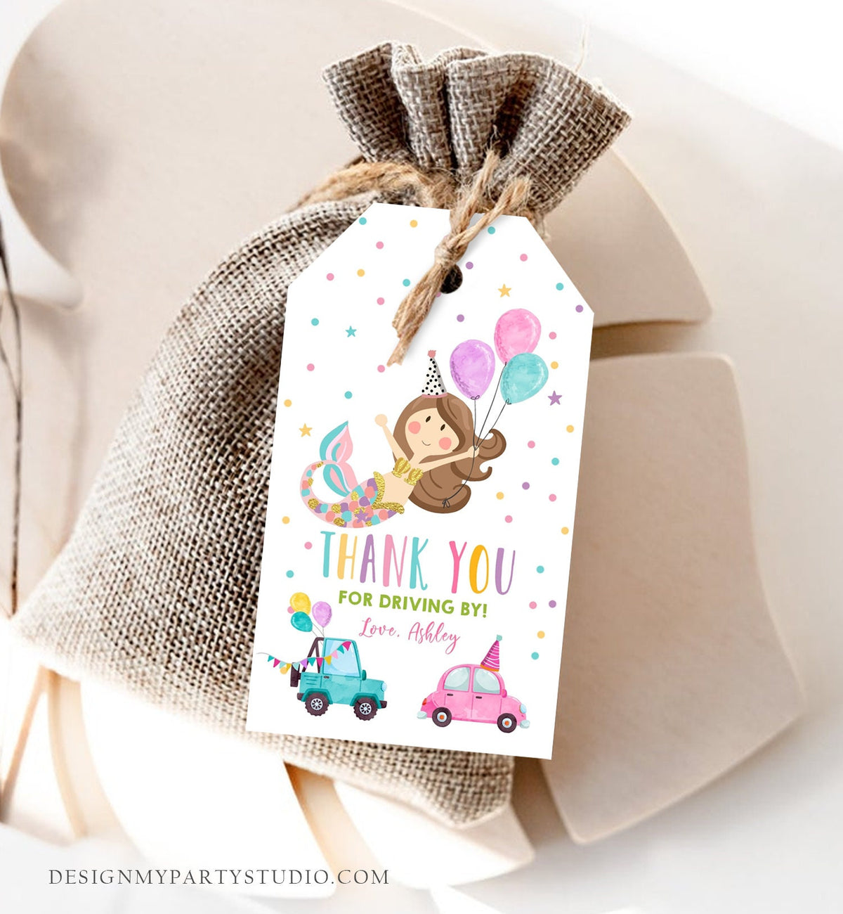 Editable Mermaid Favor Tag Drive By Birthday Favors Party Parade Under the Sea Thank You Gift Tags Pink Girl Corjl Template Printable 0338