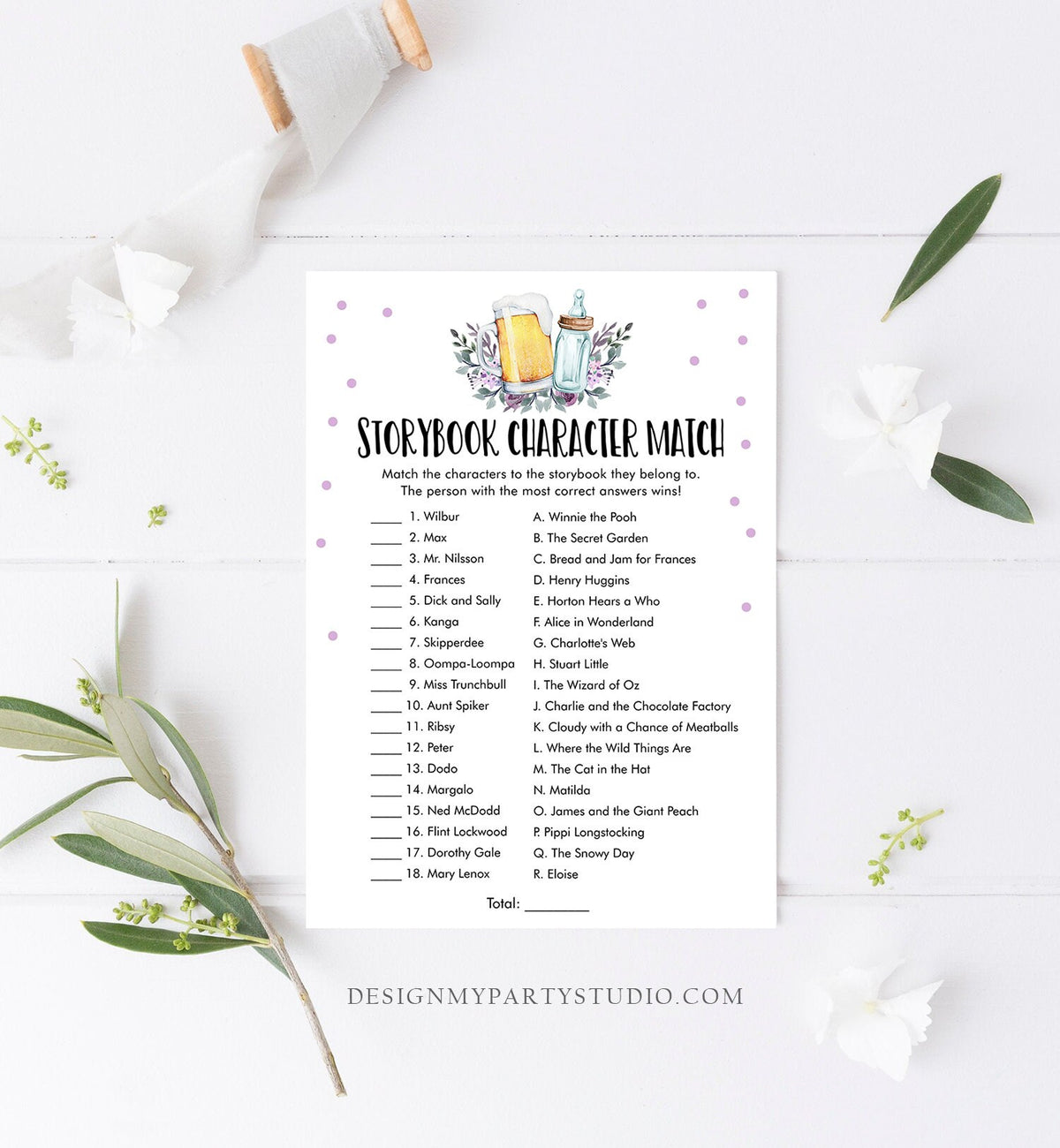 Editable Storybook Character Match Baby Shower Game Greenery Baby is Brewing Activity Purple Lilac Beer Bottle Corjl Template Printable 0190