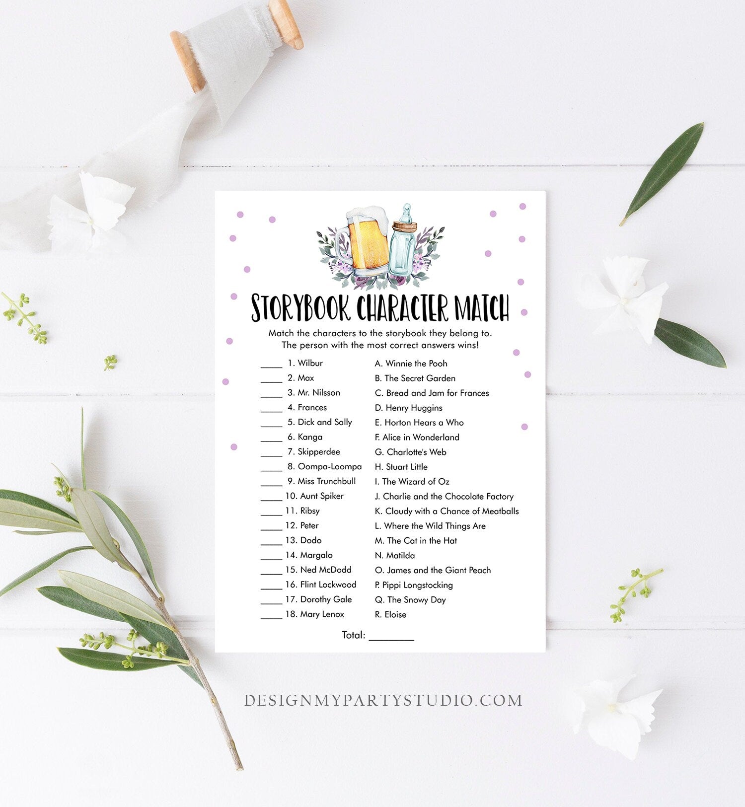 Editable Storybook Character Match Baby Shower Game Greenery Baby is Brewing Activity Purple Lilac Beer Bottle Corjl Template Printable 0190