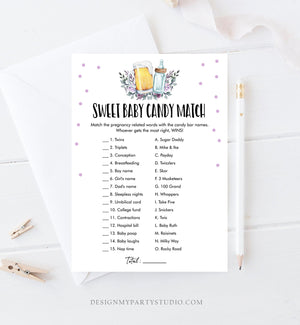 Editable Candy Match Baby Shower Game Sweet Baby Candy Greenery Baby is Brewing Purple Activity Beer Bottle Corjl Template Printable 0190