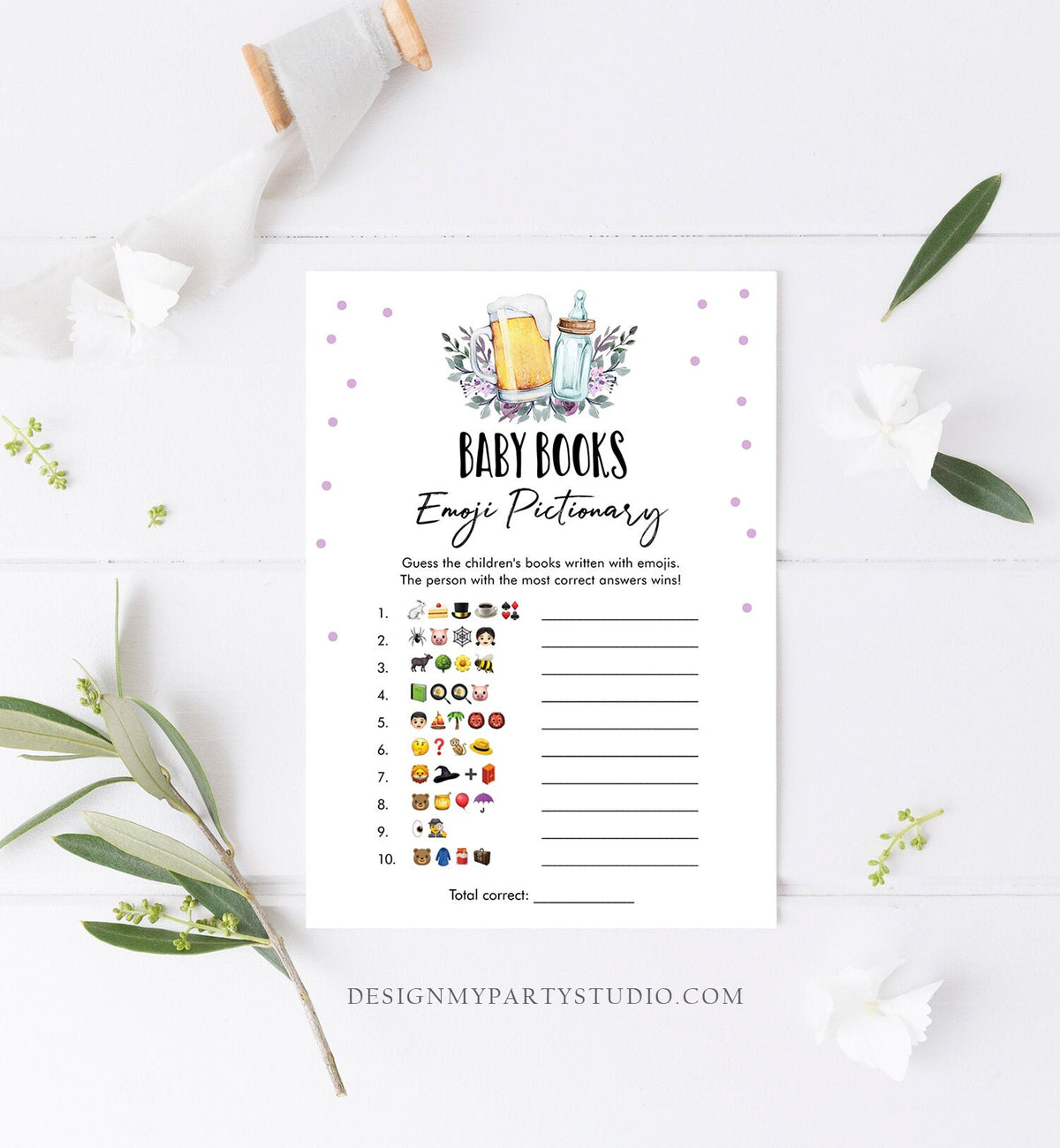 Editable Emoji Pictionary Baby Shower Game Baby Books Greenery Baby is Brewing Purple Activity Beer Bottle Corjl Template Printable 0190